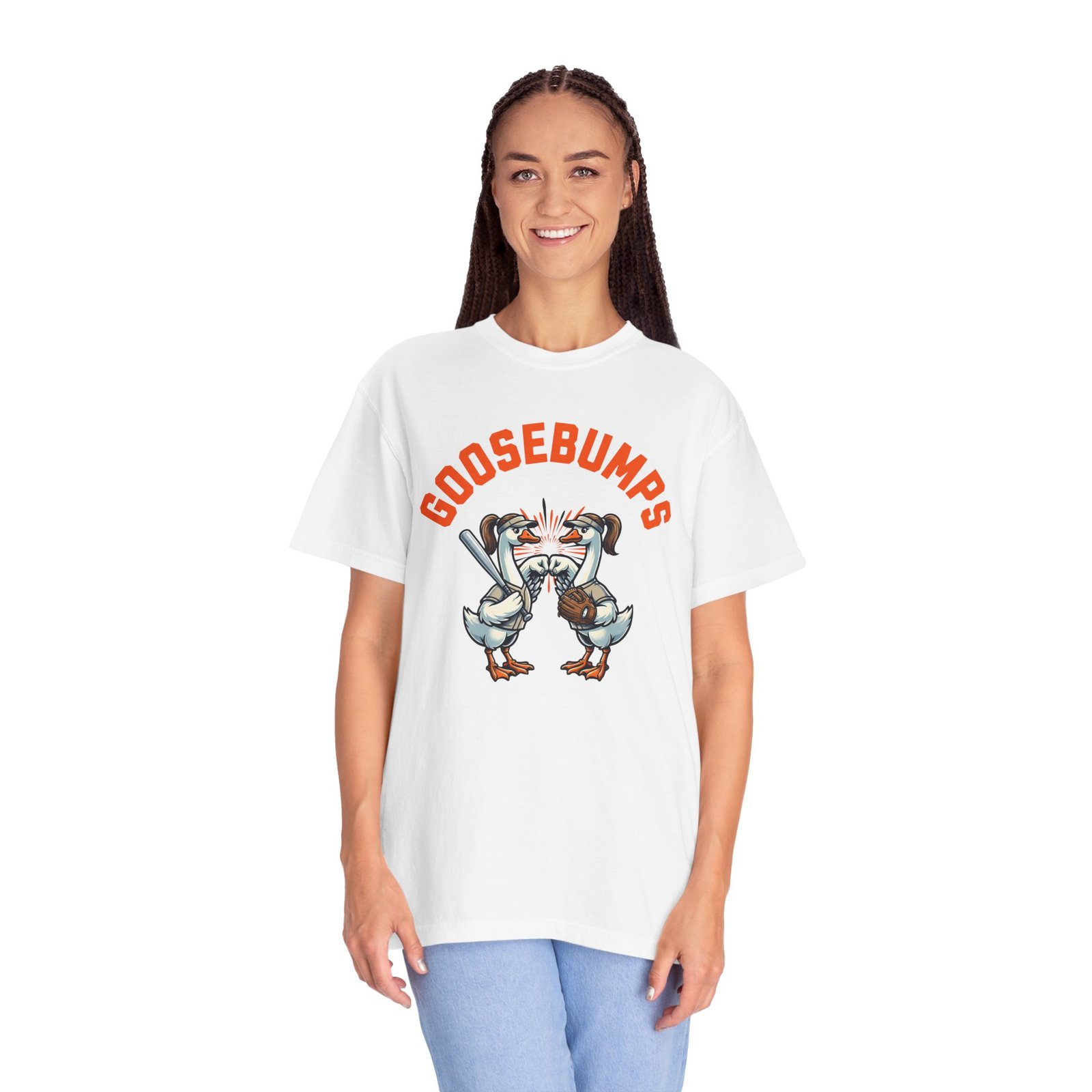 goosebumps graphic tee — softball playing geese fist bumping on comfort colors 1717 t shirt